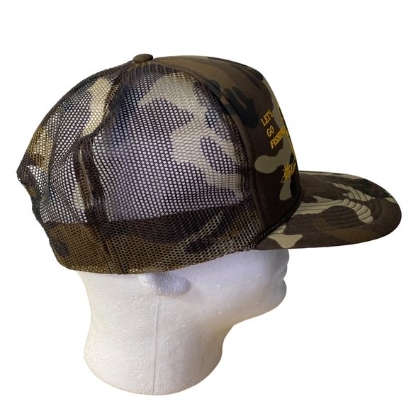Vintage Let's Go Fishing Hat Camo Outdoor Snapback Trucker Cap Mesh 80s - Picture 5 of 8